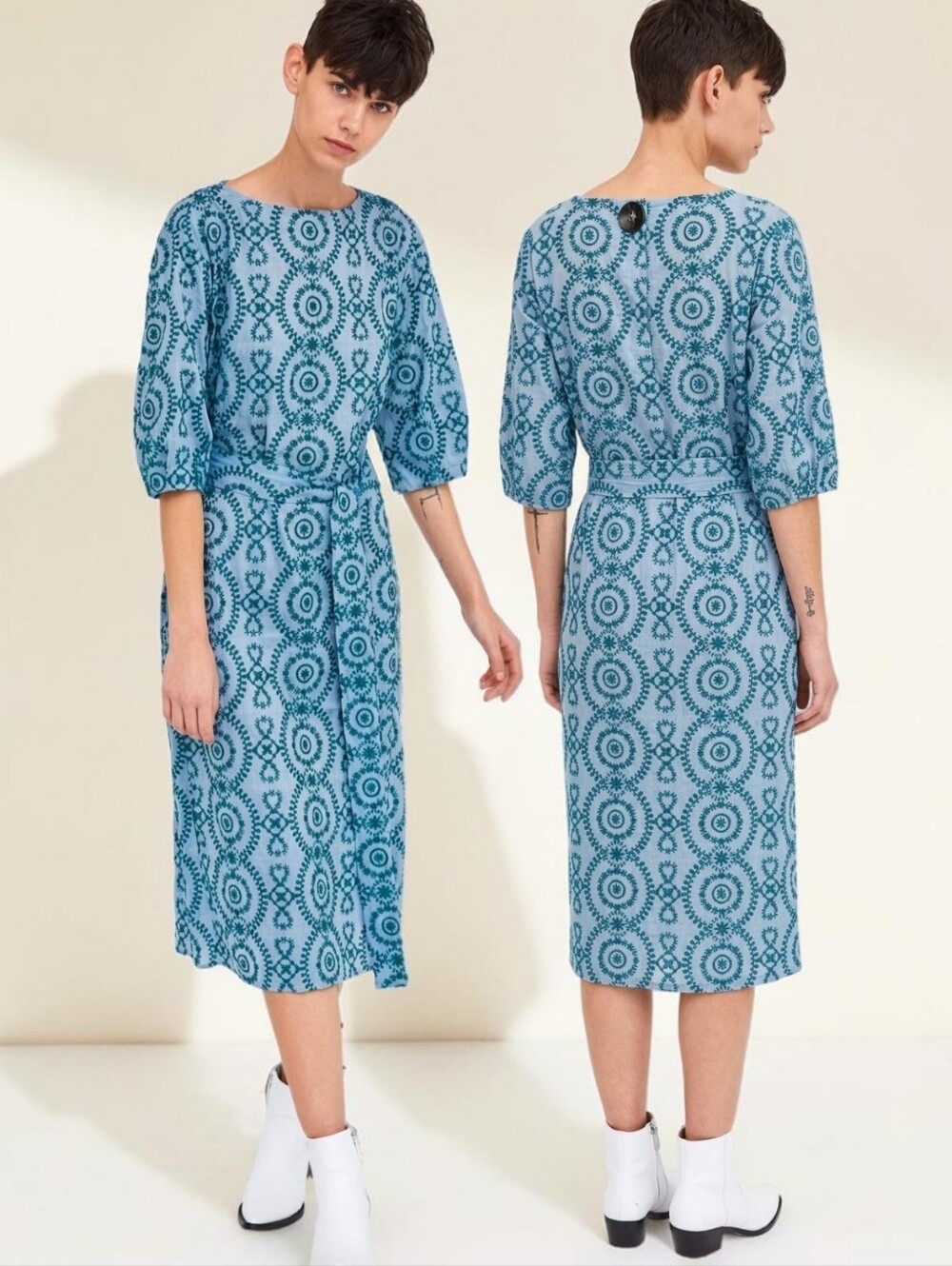 ZARA Blue Cotton Embroidered Tunic Midi Dress - Size M